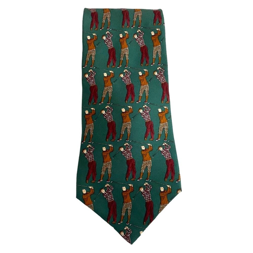 Novelty Golf Necktie Green Golfers Swinging Golf Club Silk Italy Fathers Day